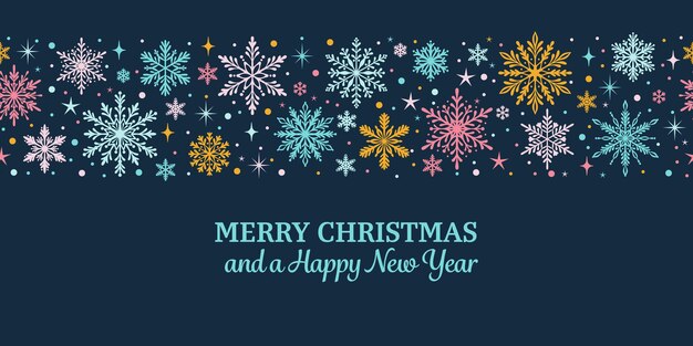 Colorida tarjeta de felicitación de Feliz Navidad con copos de nieve ilustración vectorial de borde vibrante