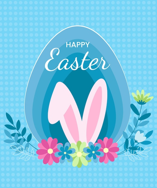 Colorida tarjeta de Feliz Pascua con flores conejo y huevos