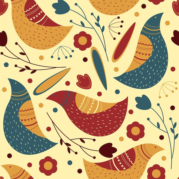 coloridas aves estilizadas vívidas flores vintage