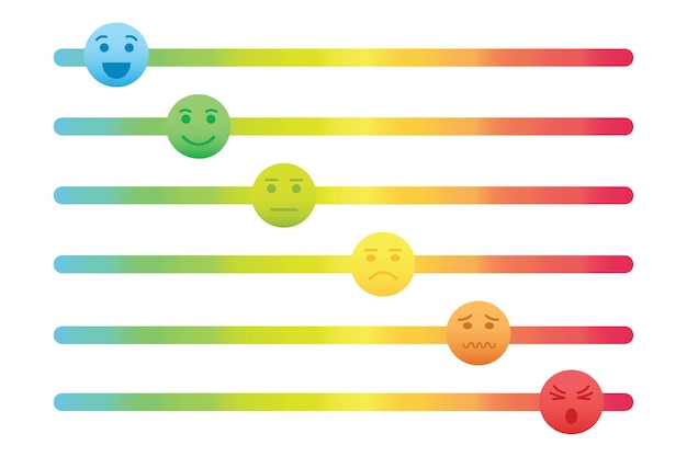 Vector coloridas barras deslizantes con íconos de caras emocionales. diferentes tipos de comentarios, de buenos a malos.