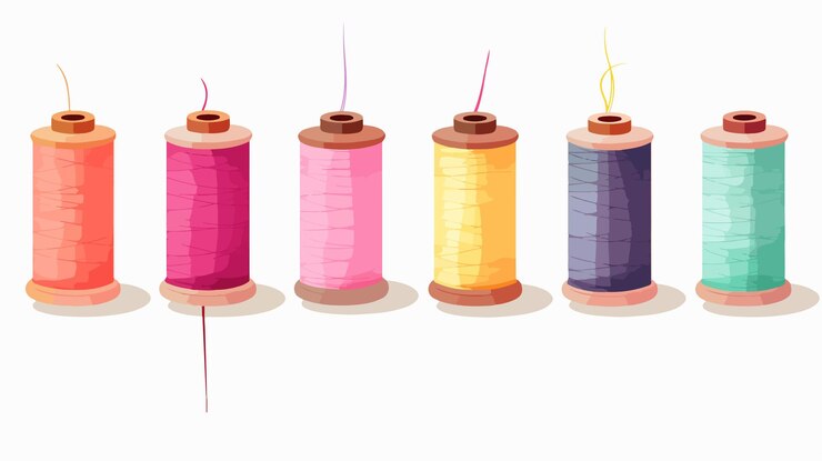 Vector coloridas bobinas de hilo de coser aisladas sobre un fondo blanco al estilo de dibujos animados