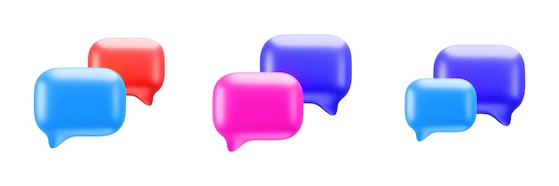 Coloridas burbujas de habla vectorial 3D en azul, rojo, púrpura y rosa sobre fondo blanco