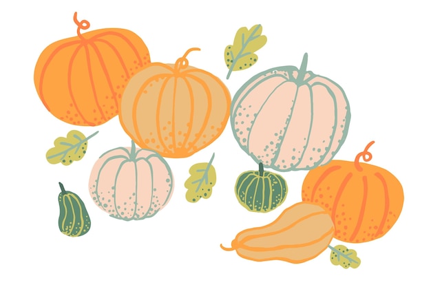 Las coloridas calabazas de otoño y las hojas del bosque