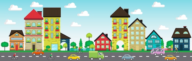 Coloridas casas en la calle con coches y