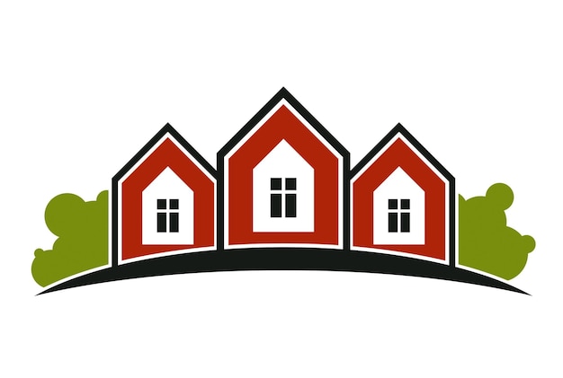 Coloridas casas de vacaciones ilustración vectorial, imagen de la casa con línea de horizonte. Emblema creativo turístico e inmobiliario, vista frontal de las cabañas.