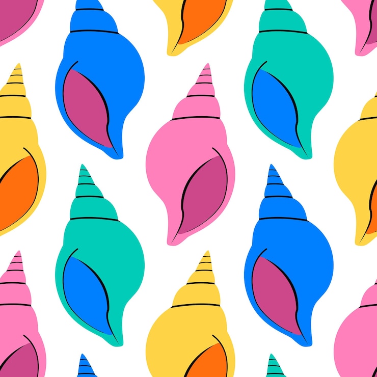 Vector coloridas conchas marinas patrón sin costuras en fondo blanco en estilo plano moderno
