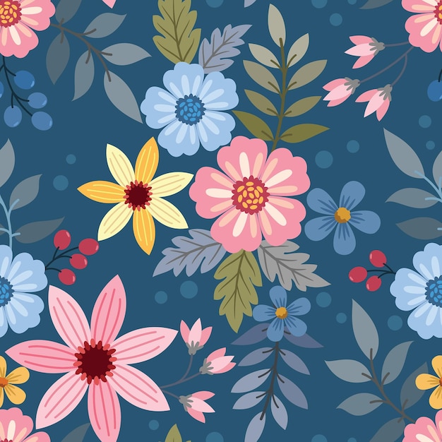 Coloridas flores dibujadas a mano en fondo de color azul patrón sin costuras para papel tapiz textil de tela