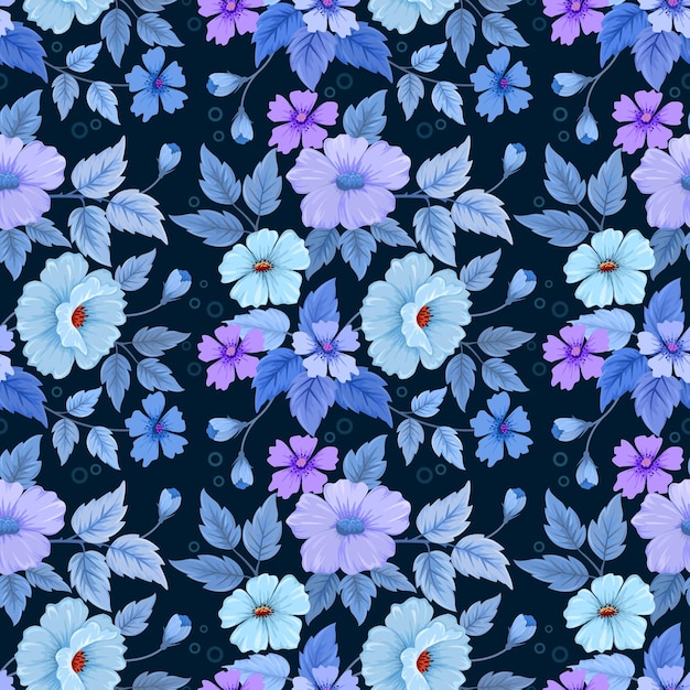 Coloridas flores dibujadas a mano en fondo de color azul patrón sin costuras para papel tapiz textil de tela