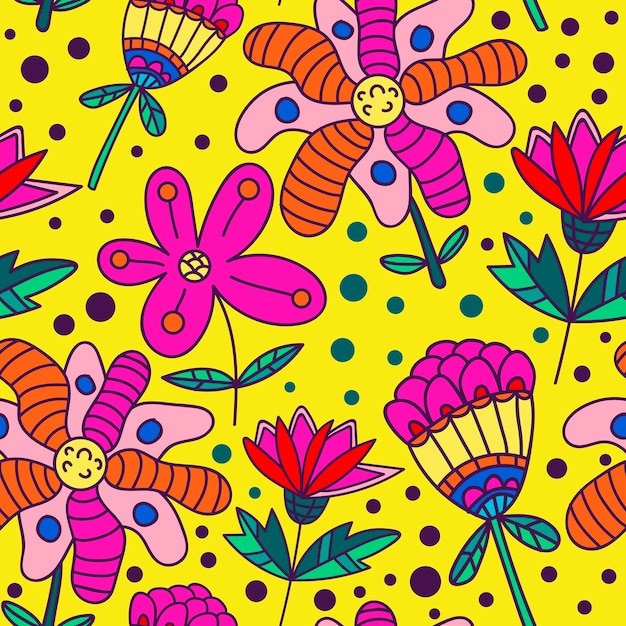 Coloridas flores de fideos con puntos sobre fondo amarillo. Patrón sin fisuras de verano.