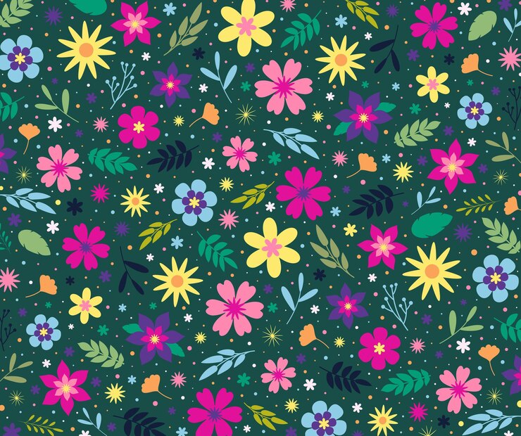 Vector coloridas flores florales de patrones sin fisuras hojas sobre un fondo verde diseño de impresión de papel tapiz plano