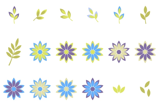 Coloridas flores y hojas conjunto plano vector sobre fondo blanco