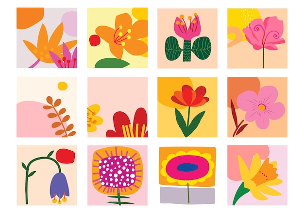 Coloridas flores y plantas dibujadas a mano Ilustración vectorial de diferentes formas y colores
