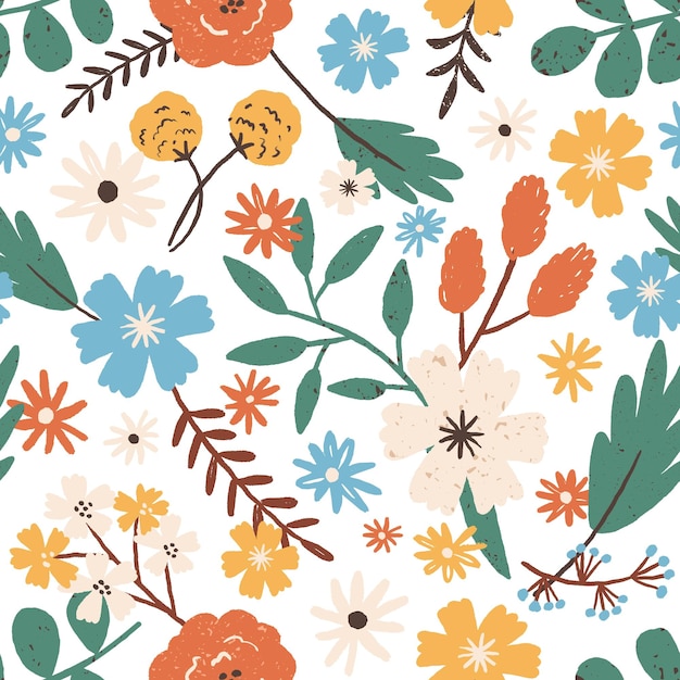 Coloridas flores románticas dibujadas a mano de patrones sin fisuras. Elegante flor de jardín floreciente con ramas, hojas y tallo vector ilustración plana. Magnífico telón de fondo floral con hierbas y plantas en flor.