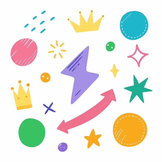 Coloridas formas dibujadas a mano y estrellas con una corona