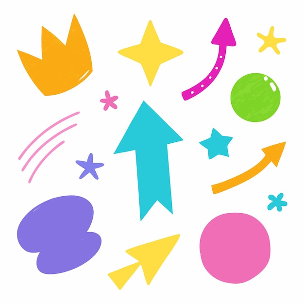 Coloridas formas dibujadas a mano con flechas y estrellas