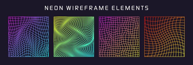 Coloridas formas de marco de alambre alineadas malla de perspectiva d cuadrícula baja elementos poli geométricos retro futuristas