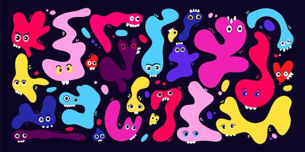 Coloridas formas orgánicas líquidas abstractas con caras lindas y divertidas en fluido de estilo caricatura y2k