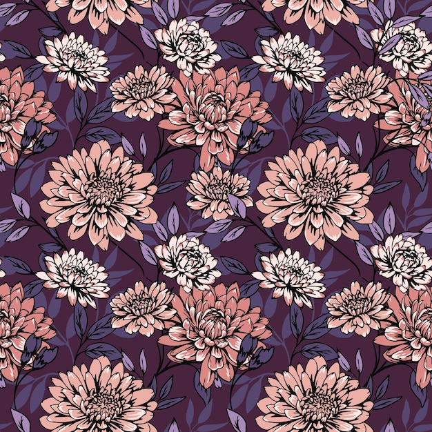 Coloridas grandes flores y hojas patrón abstractas artísticas crisantemo dahlia peonías impresión