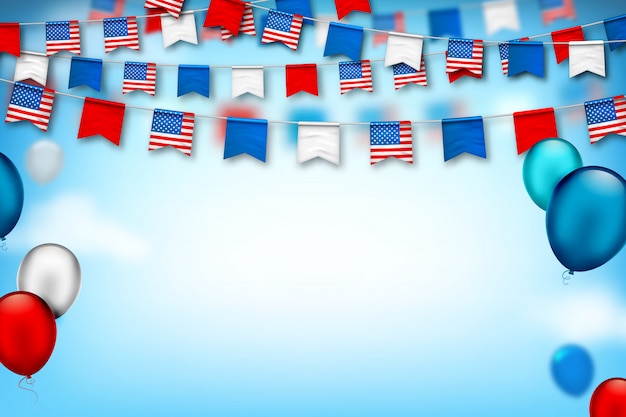 Vector coloridas guirnaldas festivas de banderas de estados unidos y globos aerostáticos. independencia americana y día patriota