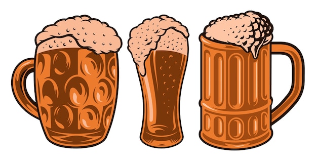 Coloridas ilustraciones de diferentes vasos de cerveza.