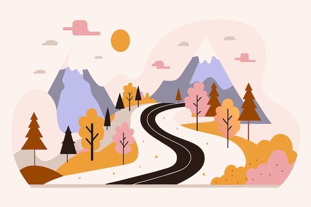 Las coloridas montañas de otoño y el camino sinuoso al anochecer