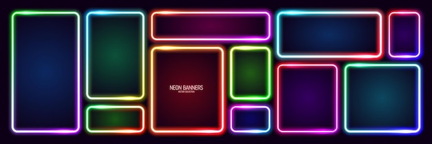 Coloridas pancartas de neón brillantes iluminadas marcos cuadrados brillantes borde vibrante efecto de brillo púrpura