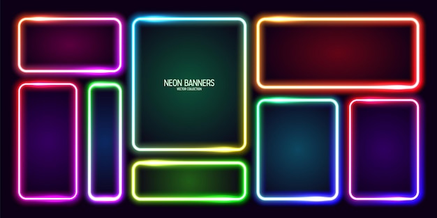 Coloridas pancartas de neón brillantes iluminadas marcos cuadrados brillantes borde vibrante efecto de brillo púrpura