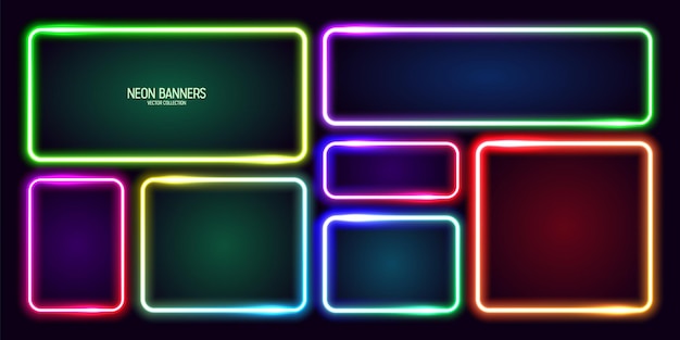 Coloridas pancartas de neón brillantes iluminadas marcos cuadrados brillantes borde vibrante efecto de brillo púrpura