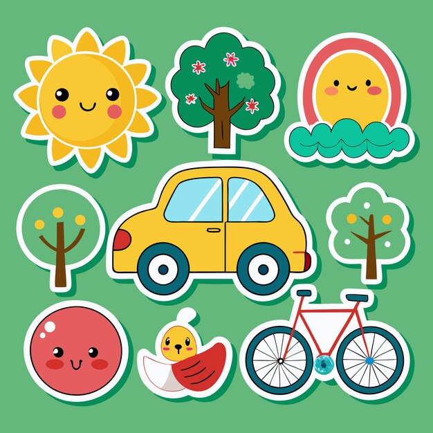 Coloridas pegatinas de dibujos animados con árboles de sol, automóviles, pájaros, bicicletas y una esfera roja