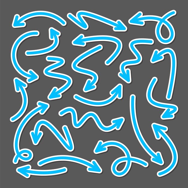 Coloridas pegatinas de flecha dibujadas a mano conjunto Colección de punteros azules Flechas simples en diferentes formas Señales de dirección Ilustración vectorial