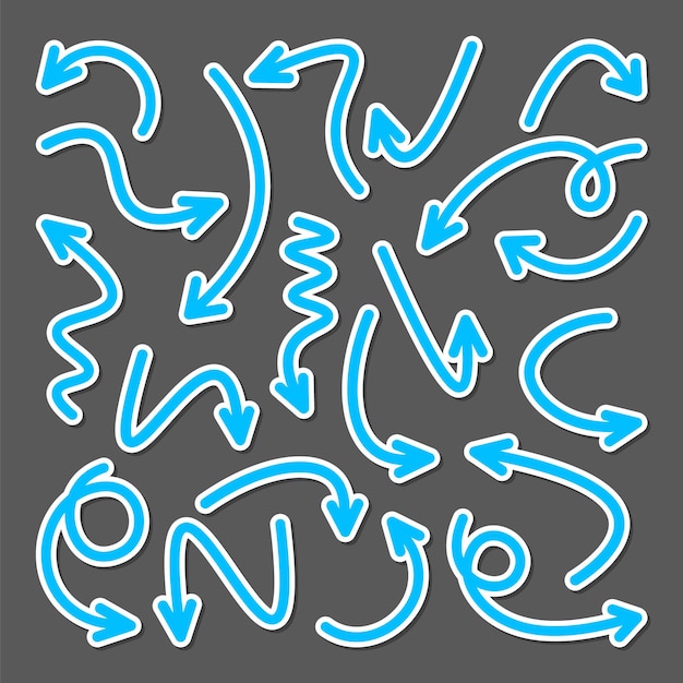 Coloridas pegatinas de flecha dibujadas a mano conjunto Colección de punteros azules Flechas simples en diferentes formas Señales de dirección Ilustración vectorial