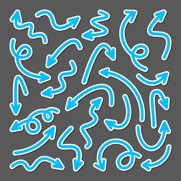 Coloridas pegatinas de flecha dibujadas a mano conjunto Colección de punteros azules Flechas simples en diferentes formas Señales de dirección Ilustración vectorial