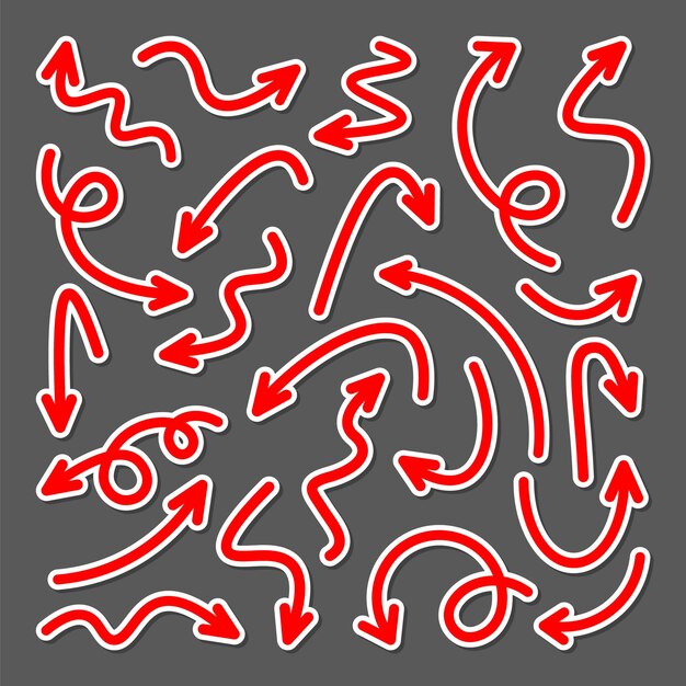 Coloridas pegatinas de flecha dibujadas a mano conjunto Colección de punteros rojos Flechas simples en diferentes formas Señales de dirección Ilustración vectorial