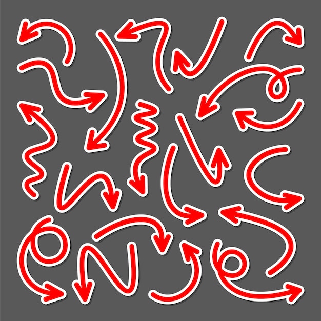 Coloridas pegatinas de flecha dibujadas a mano conjunto Colección de punteros rojos Flechas simples en diferentes formas Señales de dirección Ilustración vectorial