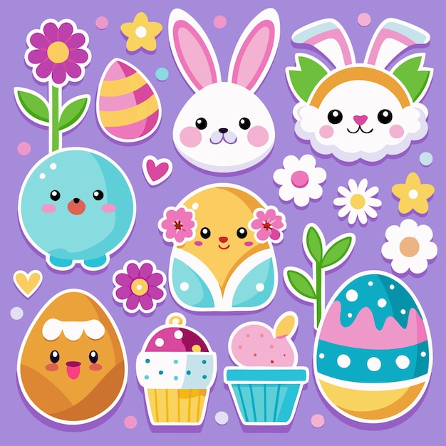 Coloridas pegatinas de Pascua con conejitos huevos flores y pasteles sobre un fondo púrpura