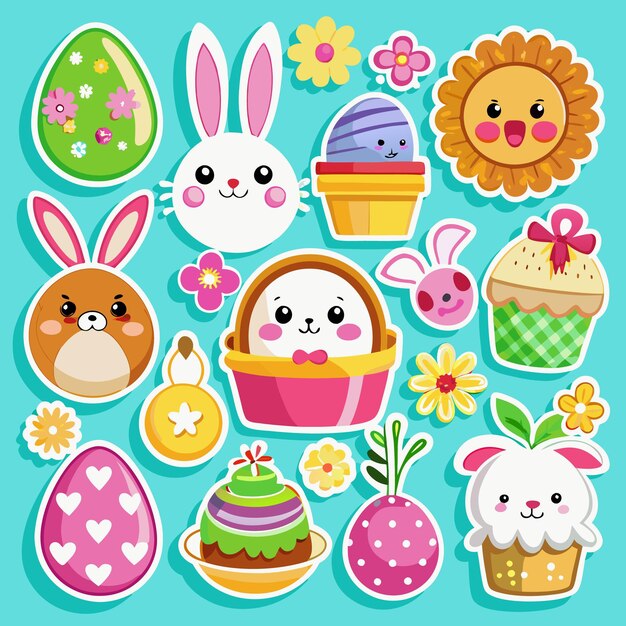Coloridas pegatinas de Pascua con conejitos huevos pasteles flores y un sol sonriente