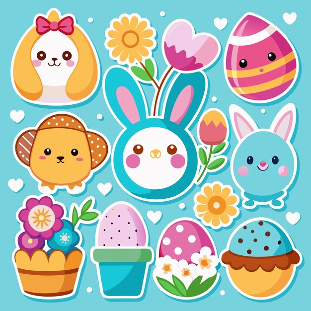 Coloridas pegatinas de Pascua con huevos de conejo, flores y animales lindos.