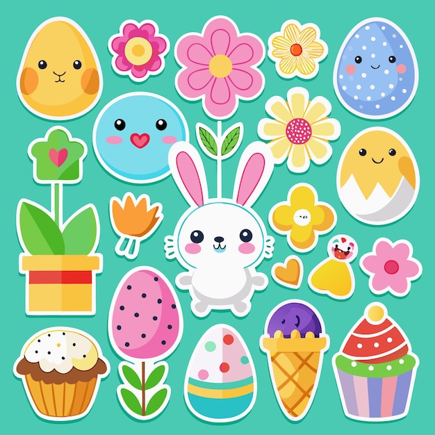 Coloridas pegatinas de Pascua con huevos de conejo, flores y pasteles.