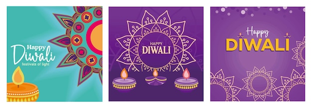Coloridas tarjetas de felicitación del festival de Diwali con lámparas tradicionales y diseños de mandalas