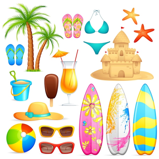 Coloridas vacaciones de verano en la playa con palmeras gafas de sol tablas de surf y actividades divertidas