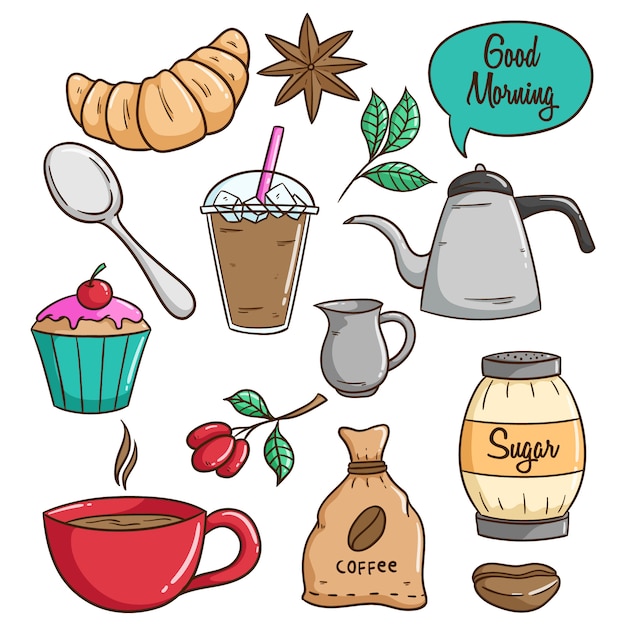 Colorido almuerzo de café con cupcake usando estilo Doodle