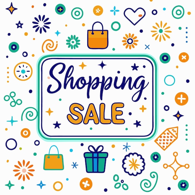 Un colorido anuncio de venta de compras con una bolsa de compras de regalos y otros elementos festivos