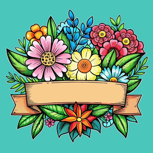 Vector un colorido arreglo floral con un estandarte que dice primavera