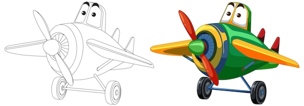 El colorido avión de dibujos animados antes y después