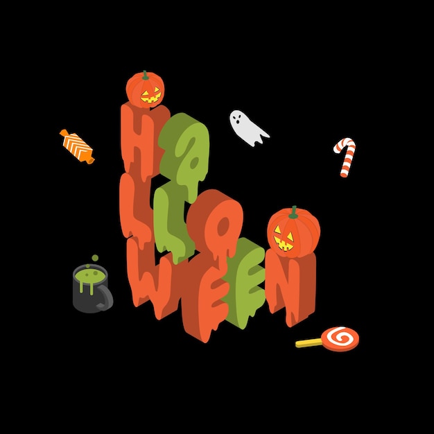 colorido banner isométrico de Halloween con calabaza y golosinas