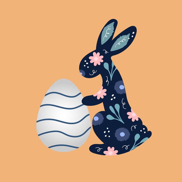 Colorido banner de Pascua con huevo de conejito y flores Lindo fondo de doodle de Pascua dibujado a mano