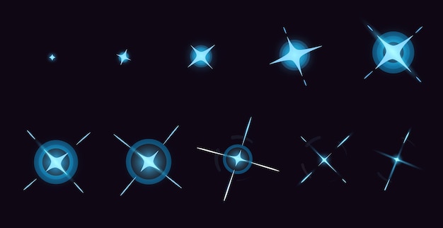 Colorido brillo animación de dibujos animados cielo nocturno con estrellas y relámpagos brillantes magia efectos especiales cuadro por cuadro activo de videojuego conjunto aislado vectorial