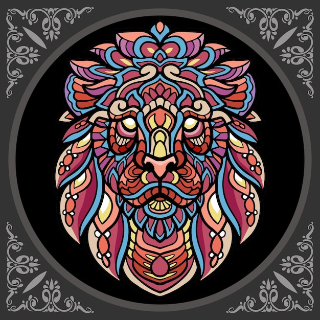 Colorido cabeza de león artes zentangle aislado sobre fondo negro