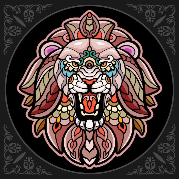 Colorido cabeza de león mandala artes aislado sobre fondo negro