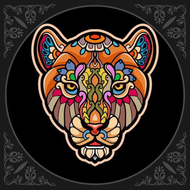 Colorido cabeza de león mandala artes aislado sobre fondo negro